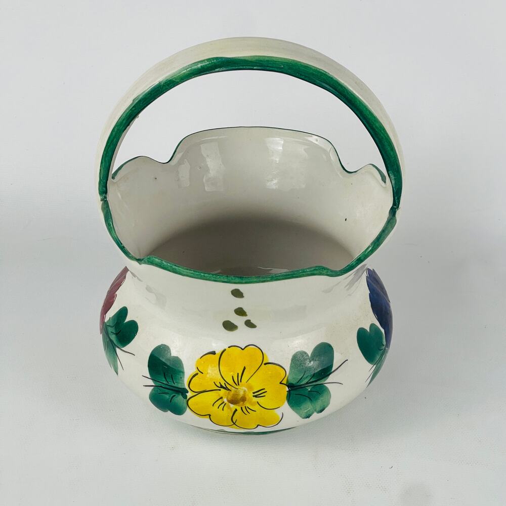 Hand Painted Floral Ceramic Pot Basket with Handle Italy 6 5/8” H x 5 1/4” W